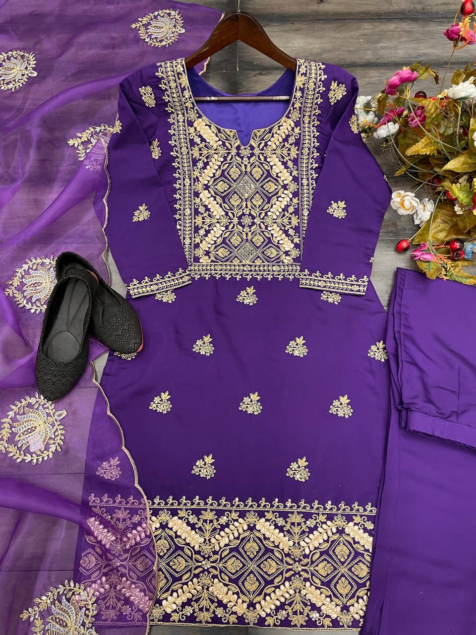 BE Designer Outfit Boutique Wear Trending Roman Silk Ensemble with Cording Sequence Embroidery, Foil Paper Work, and Organza Dupatta