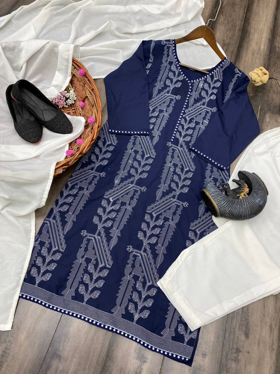 BE Designer Outfit Fancy BSY Killer Fabric Embroidered Work Top with Maslin Pant and Dupatta