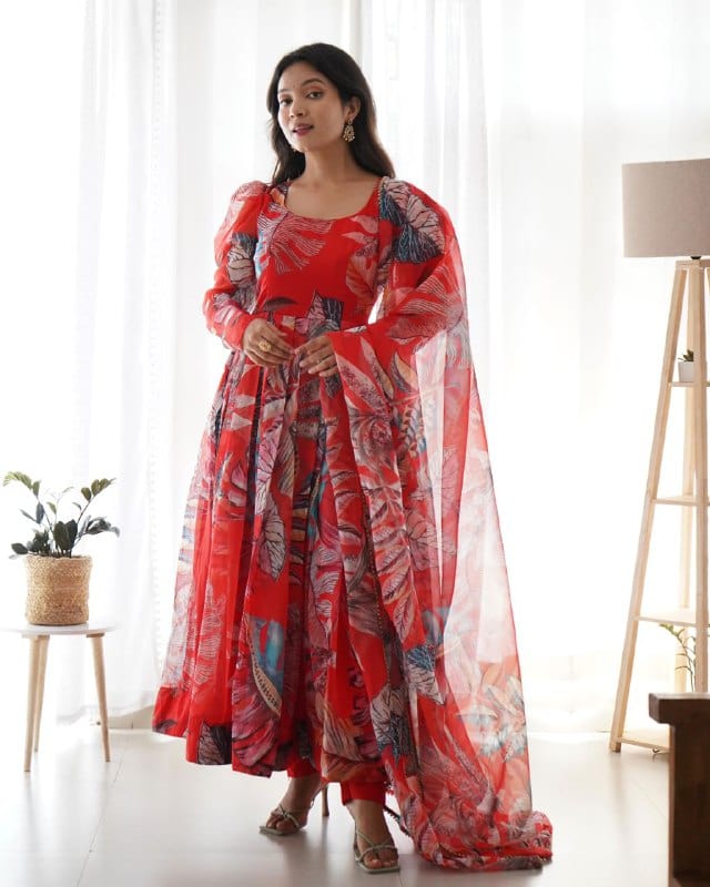 KD Designer Outfit Ankita Chauhan's Instagram Fame - Tabby Silk Organza Suit with Digital Print, Padded Work, and Balloon Sleeves