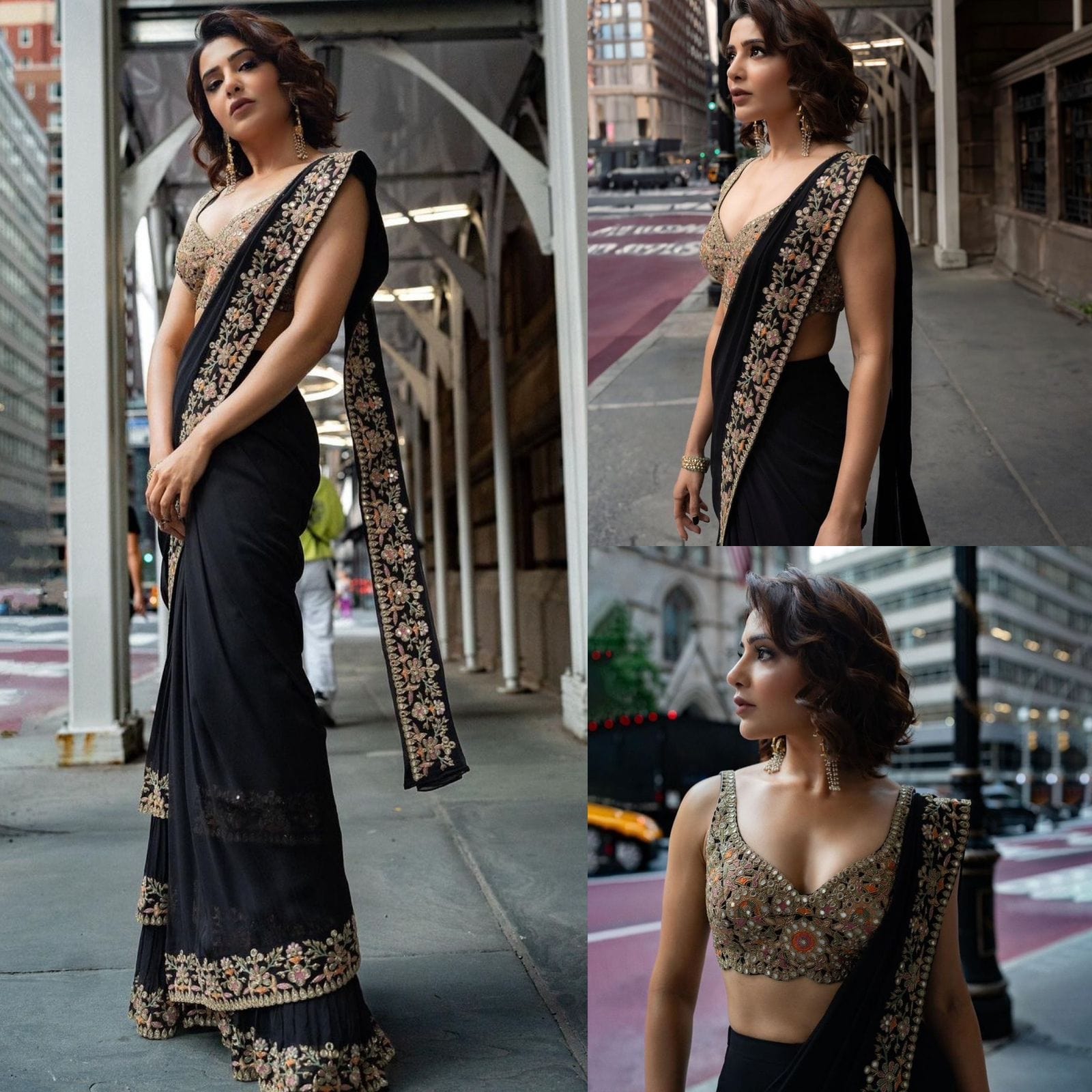 KD designer saree Black South Indian Actress Samantha Elegant 3 Layer Ruffle Black Saree