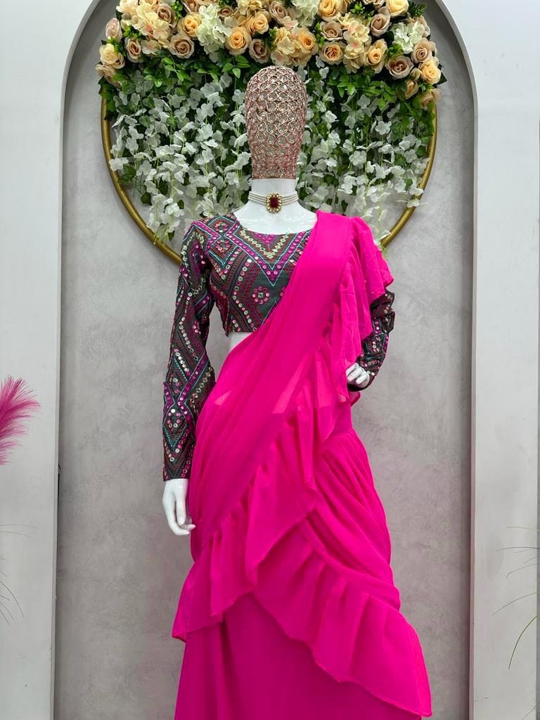 KD designer saree Elegant Designer Lehenga Saree with Ruffle and Full-Stitched Chinon Silk Blouse