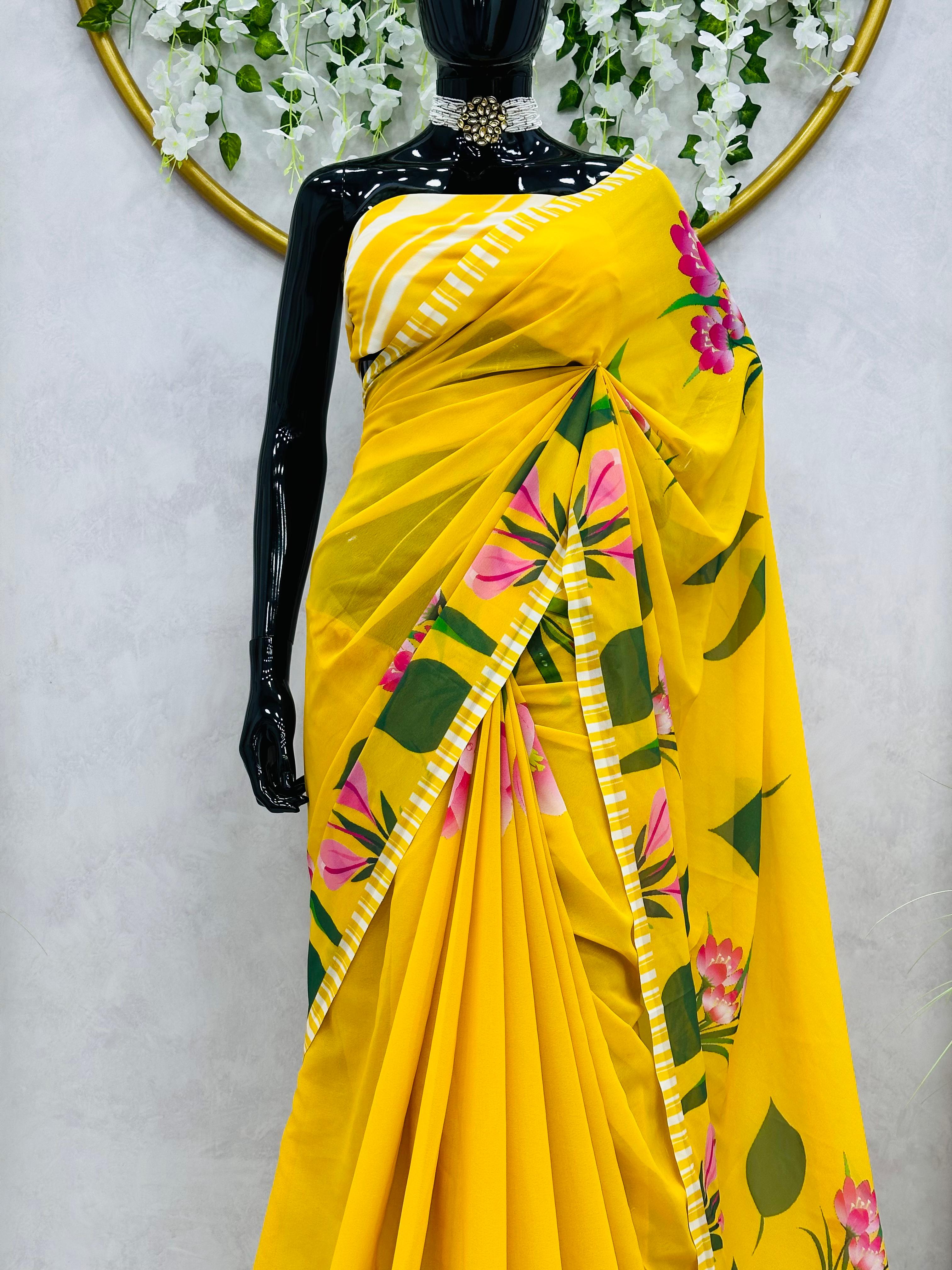 KD designer saree Yellow Shilpa Shetty Inspired Yellow Saree on Faux Georgette with Digital Print