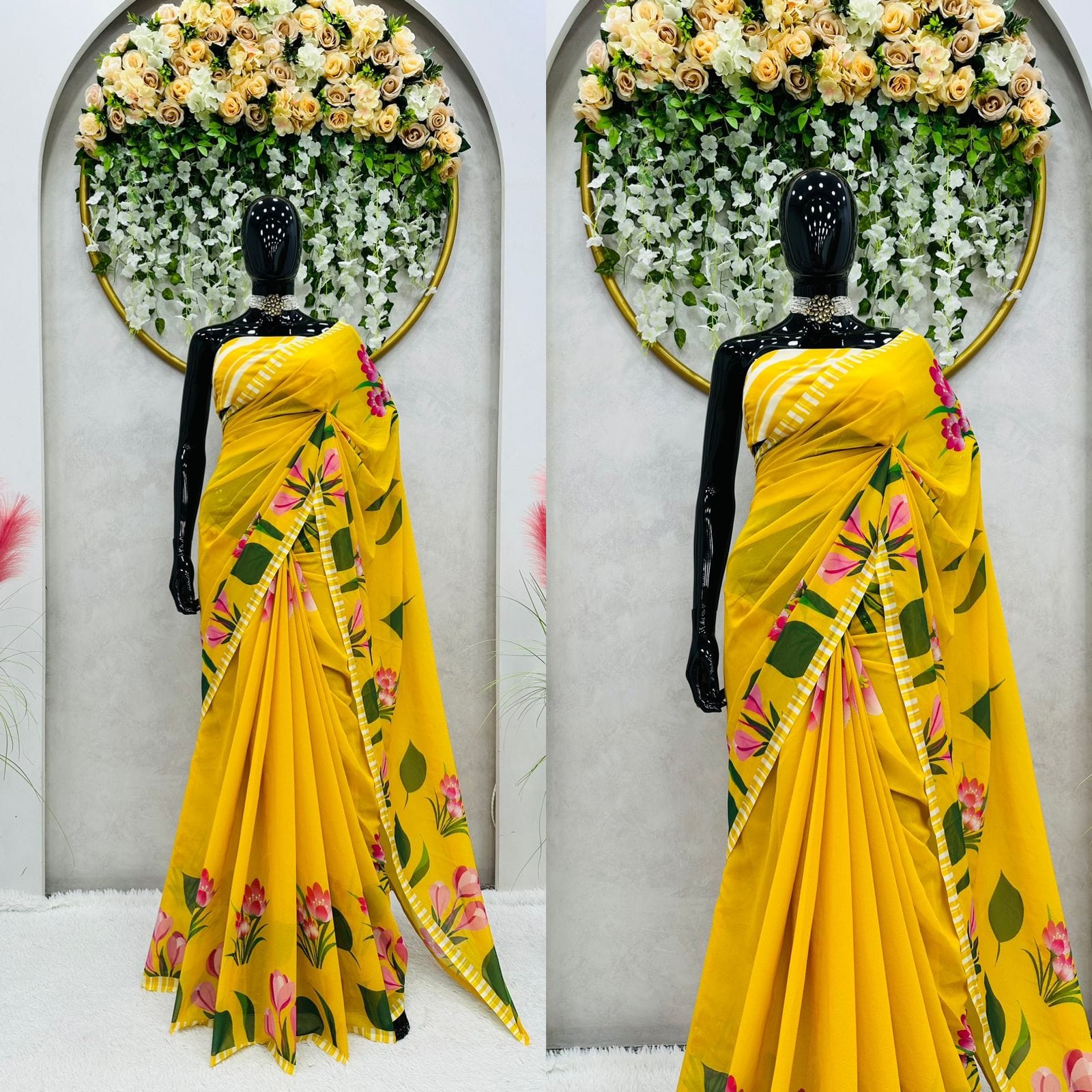 KD designer saree Yellow Shilpa Shetty Inspired Yellow Saree on Faux Georgette with Digital Print