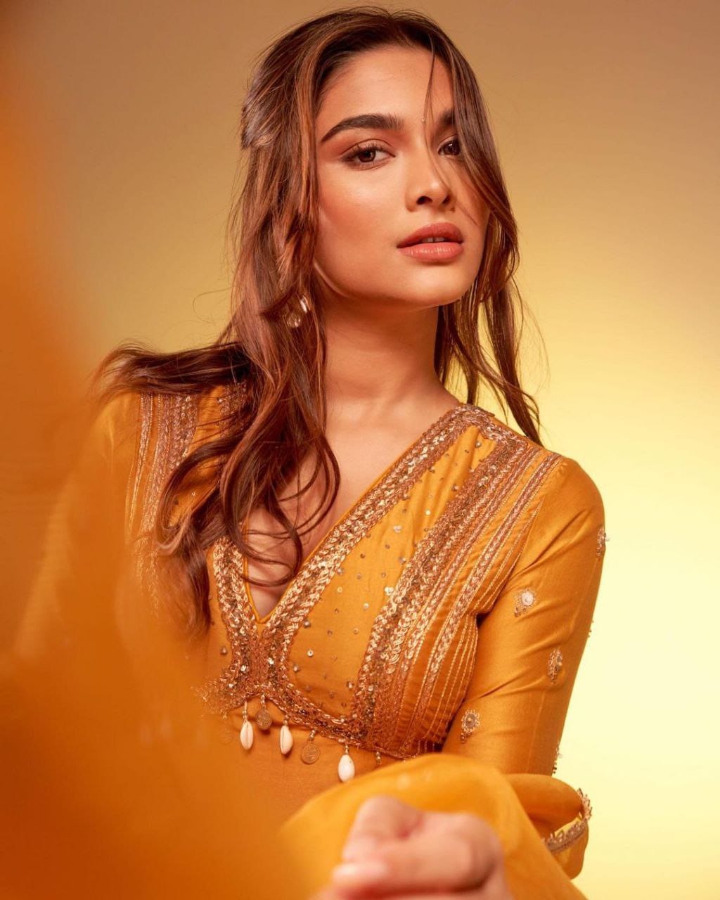 LG Designer Outfit Bollywood Style Star Saiee Manjarekar Wears Rangoli Silk Sequin Embroidered Top with Churidar Pant and Dupatta