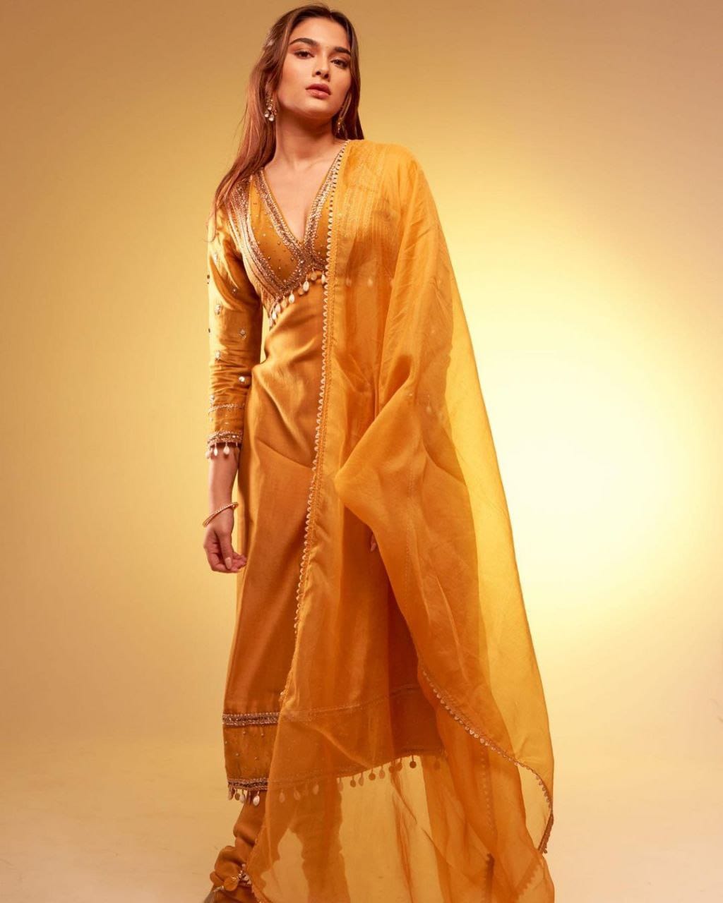LG Designer Outfit Bollywood Style Star Saiee Manjarekar Yellow Attire