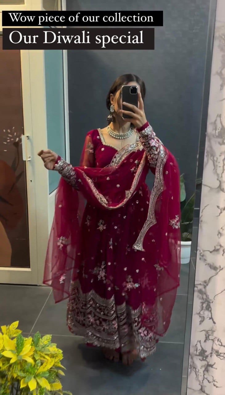 LG Designer Outfit Diwali Trending Design Anarkali Special Cherry Pink Georgette Sequences Embroidered Work Anarkali Ensemble
