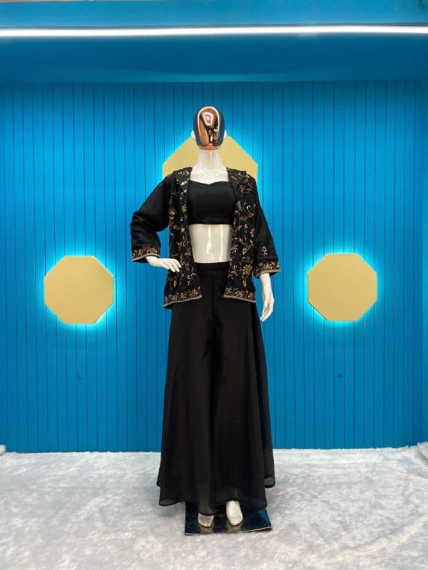 LG Designer outfits Black Designer Fancy Western Style Fiona Silk Corded Sequin Work Blazer/Koti, Tube Choli with Circular Plazo