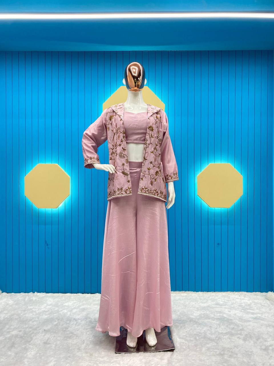 LG Designer outfits Designer Fancy Western Style Fiona Silk Corded Sequin Work Blazer/Koti, Tube Choli with Circular Plazo