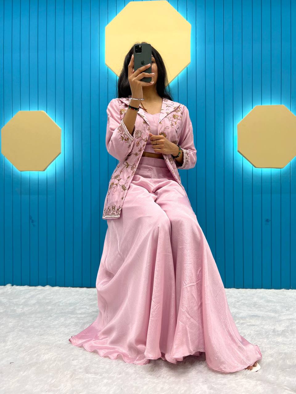 LG Designer outfits Designer Fancy Western Style Fiona Silk Corded Sequin Work Blazer/Koti, Tube Choli with Circular Plazo