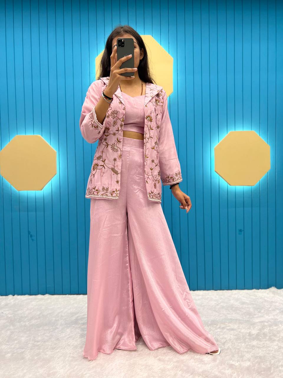LG Designer outfits Peach Designer Fancy Western Style Fiona Silk Corded Sequin Work Blazer/Koti, Tube Choli with Circular Plazo