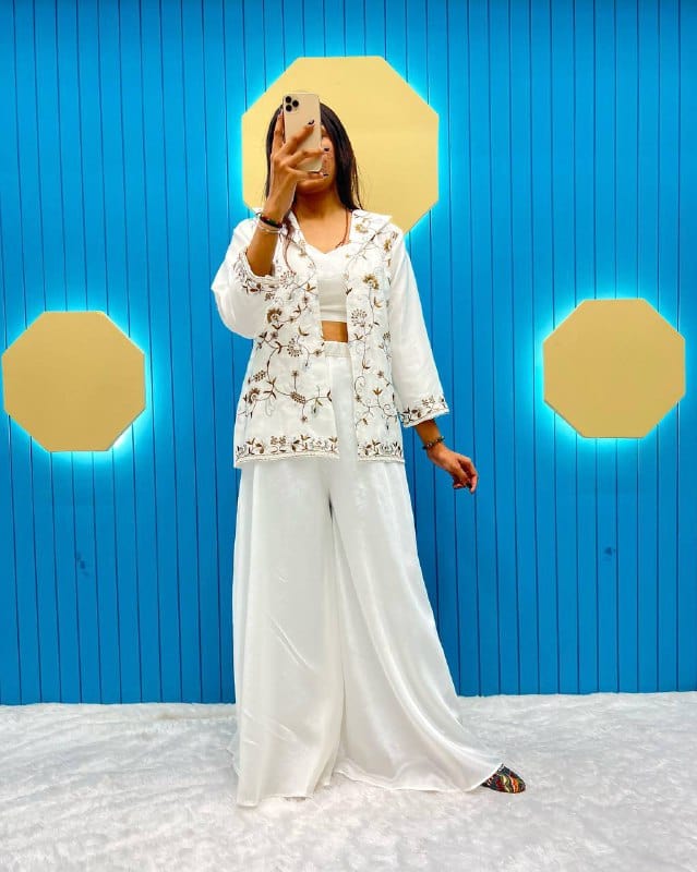 LG Designer outfits White Designer Fancy Western Style Fiona Silk Corded Sequin Work Blazer/Koti, Tube Choli with Circular Plazo