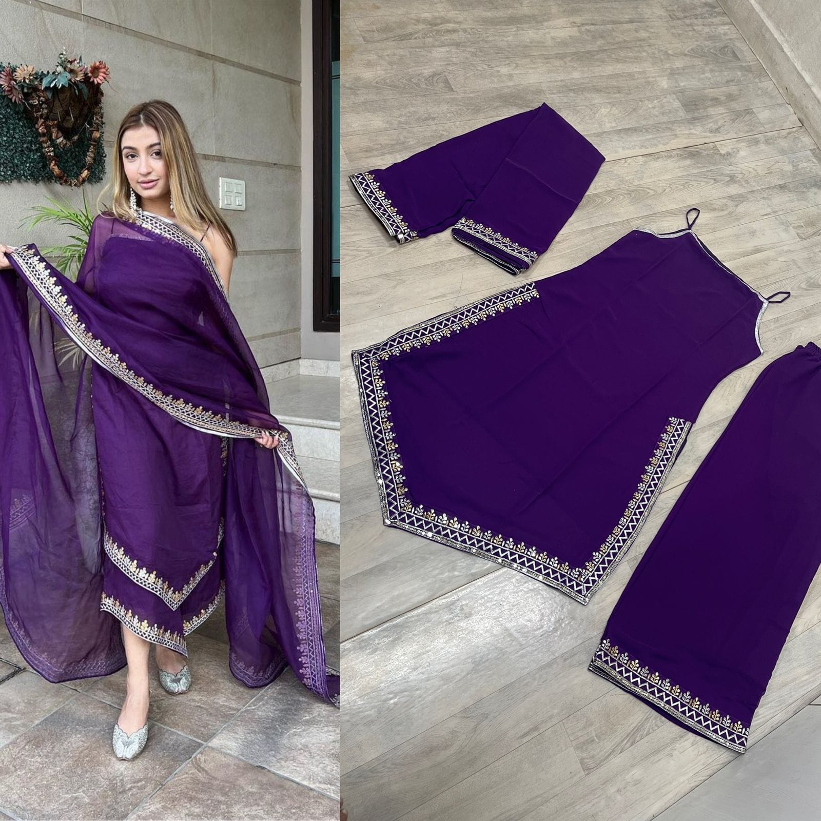MM-161 Plazo Set Free-Size Elegant Designer Purple Palazzo Suit with Sequin Work - Stitched and Ready to Shine