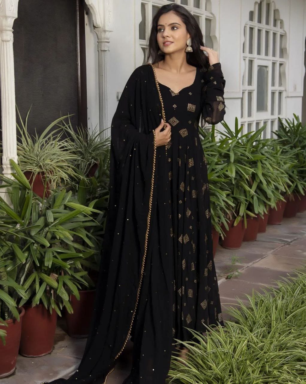 MM Anarkali Elegant Black Foil Print Anarkali with 8-Meter Flair and Pearl Border Dupatta