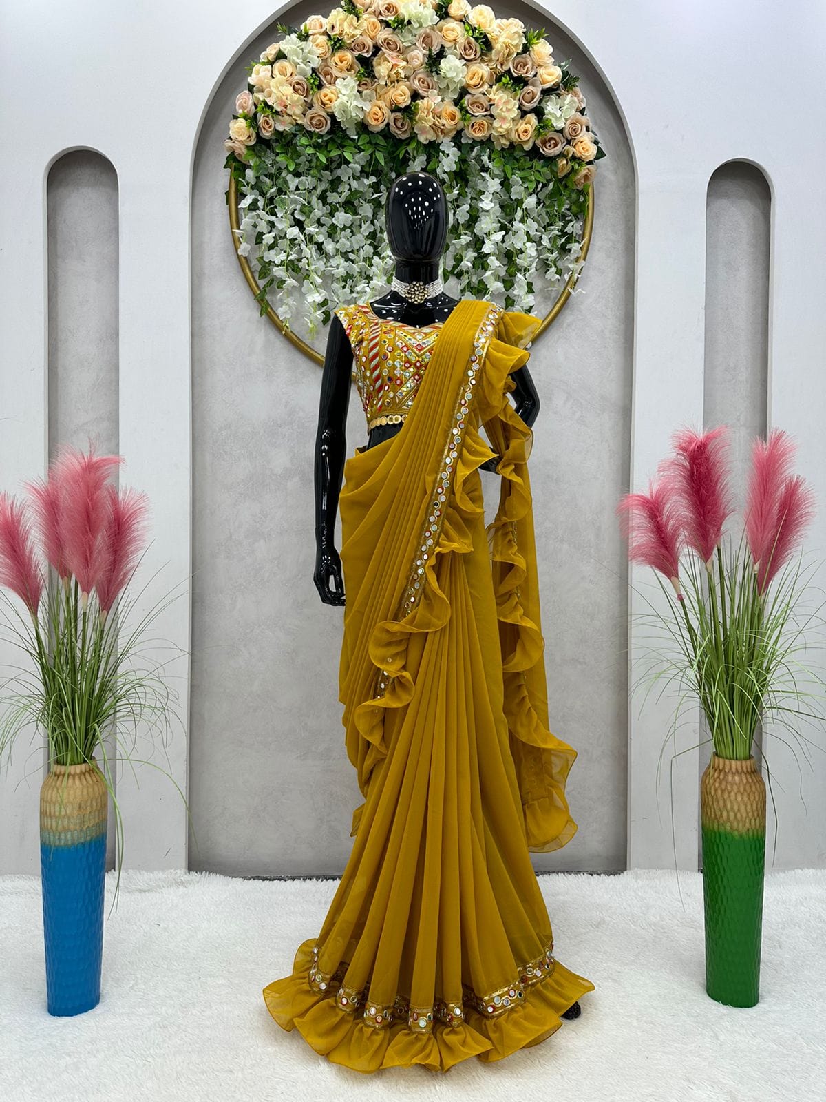 QRC Designer Saree Designer Ready-to-Wear Faux Georgette Saree with Fancy Lace and Blouse