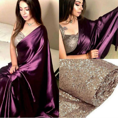 Gorgeous Wine Satin Saree With Sequence Work Blause