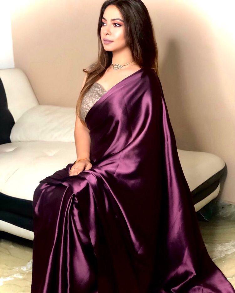 Gorgeous Wine Satin Saree With Sequence Work Blause