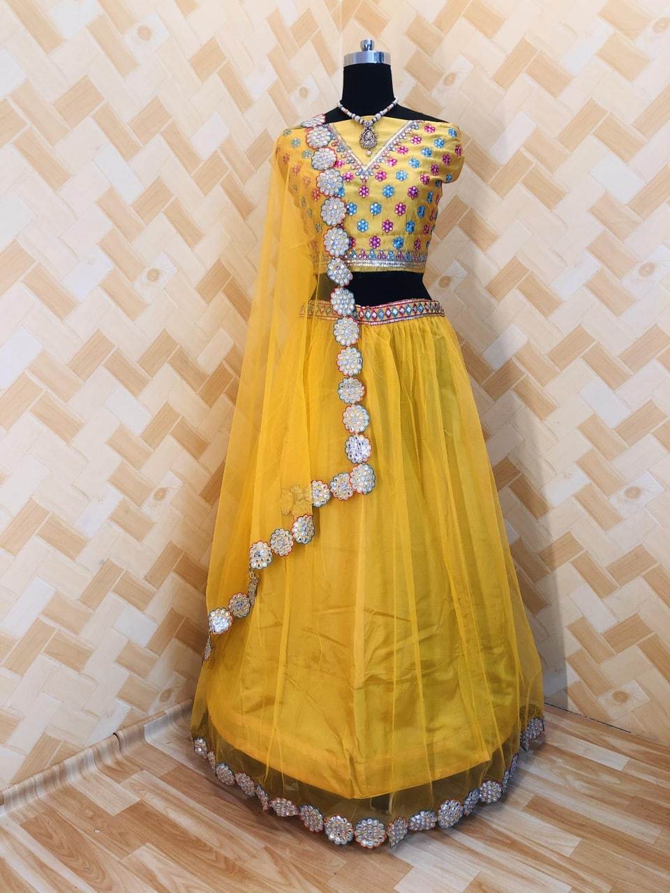 MnM Dresses YELLOW / Semi-Stitched Designer Yellow Lehenga