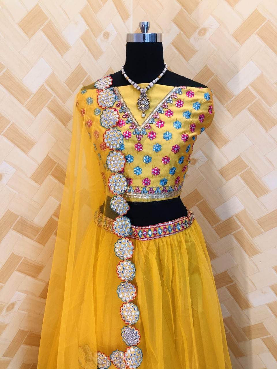 MnM Dresses YELLOW / Semi-Stitched Designer Yellow Lehenga