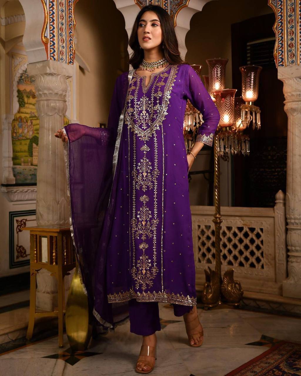 BE Designer Outfit Boutique Wear Trending Faux Georgette Ensemble with Embroidery and Real Foil Work