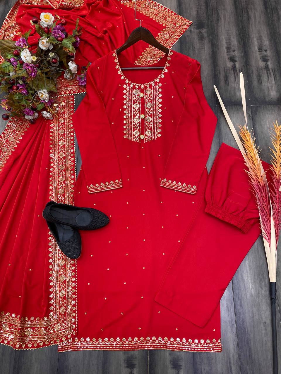 BE Designer Outfit Karwa Chauth Special Unbox Fabrics Sequence Work Suit with Plazo and Dupatta