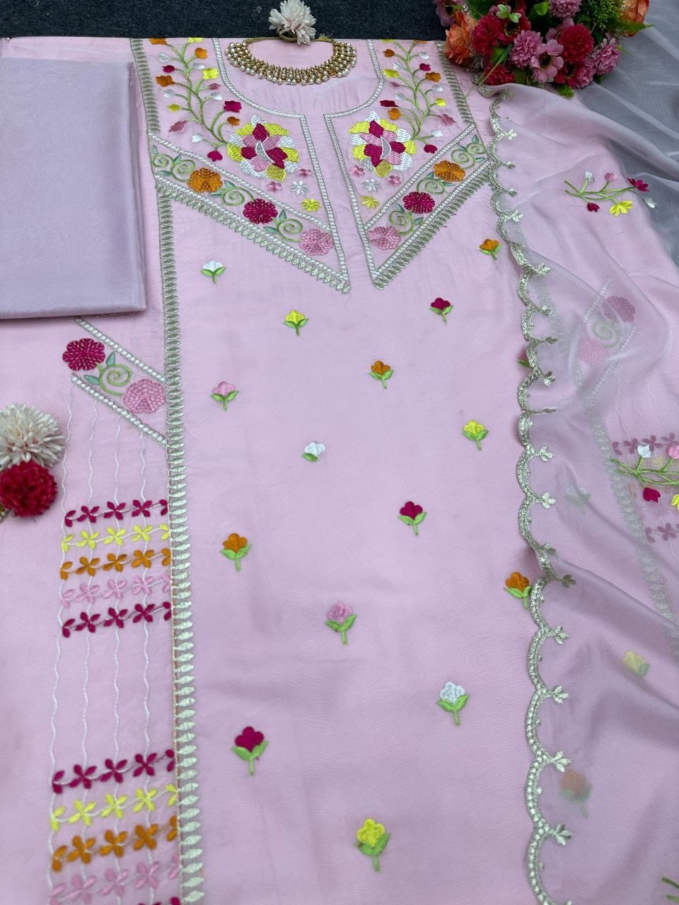 EinayaCollection Designer Outfit Unstich Elegant Tabby Silk Organza Unstich Top with Threadwork and Dupatta