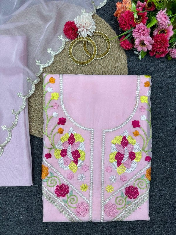 EinayaCollection Designer Outfit Unstich Elegant Tabby Silk Organza Unstich Top with Threadwork and Dupatta
