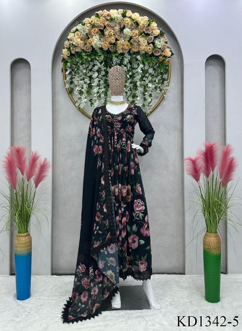 Gopi Designer Outfit M / Black Elegant New Arrival Faux Georgette Suit with Digital Print and Hand Work