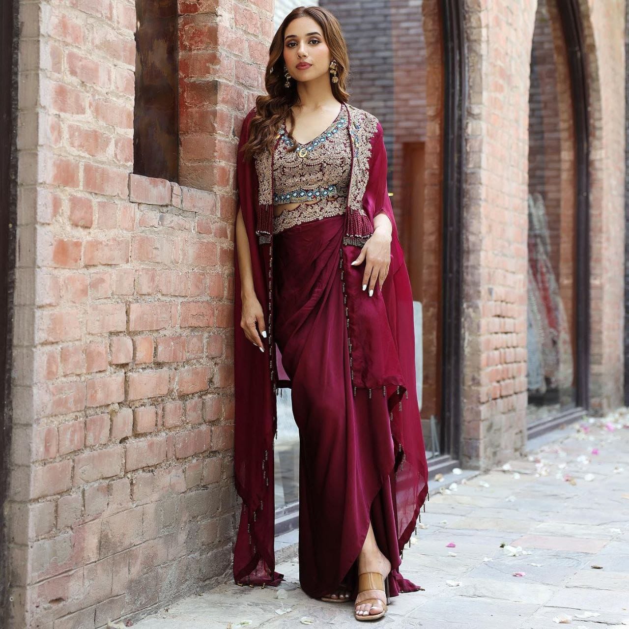 Designer Organza Silk Dhoti with Choli and Shrug - Western Style Ethnic Wear
