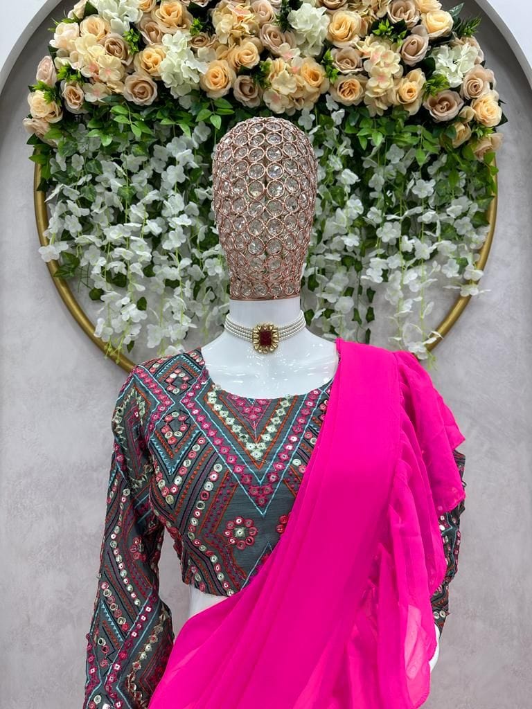 KD designer saree Elegant Designer Lehenga Saree with Ruffle and Full-Stitched Chinon Silk Blouse