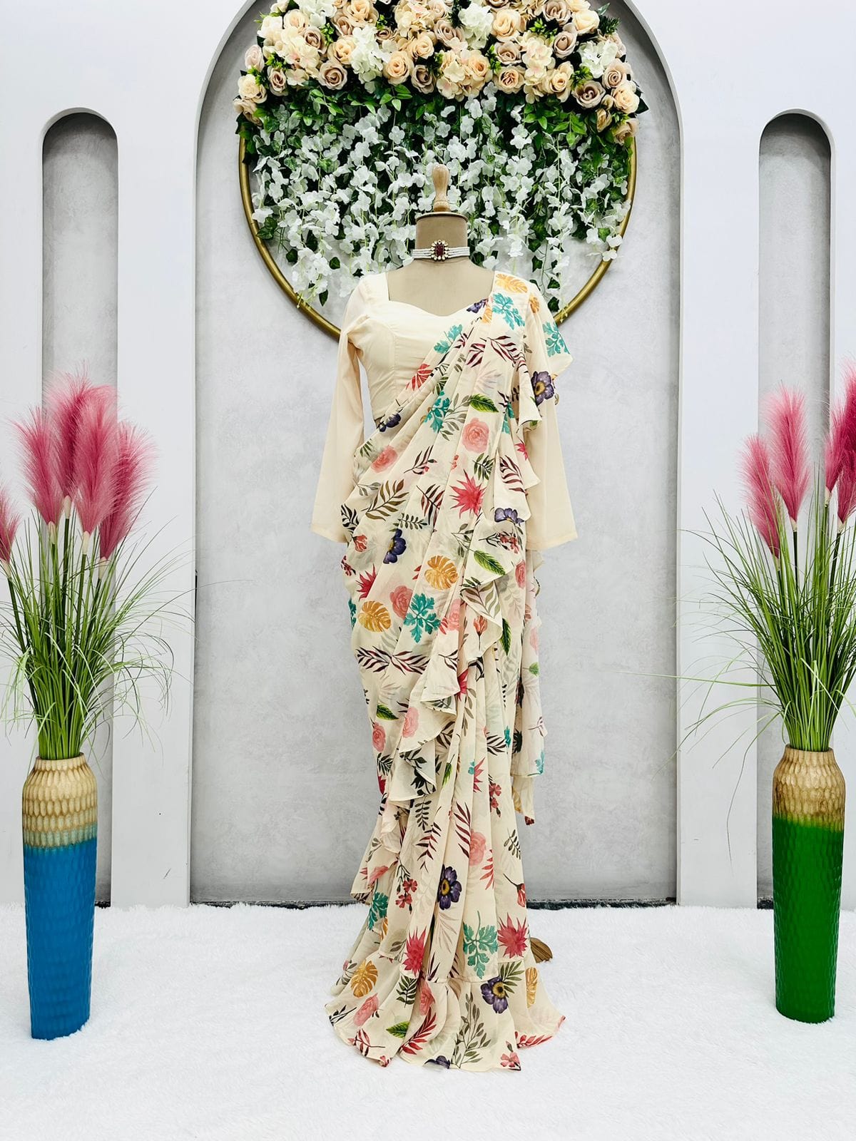 KD designer saree Elegant Ruffle Designer Saree with Digital Print and Crepe Blouse