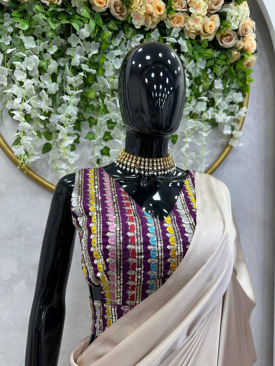 KD designer saree Exquisite Japan Satin Saree with Intricate Thread & Sequence Blouse