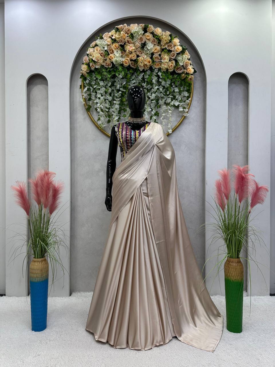 KD designer saree Exquisite Japan Satin Saree with Intricate Thread & Sequence Blouse