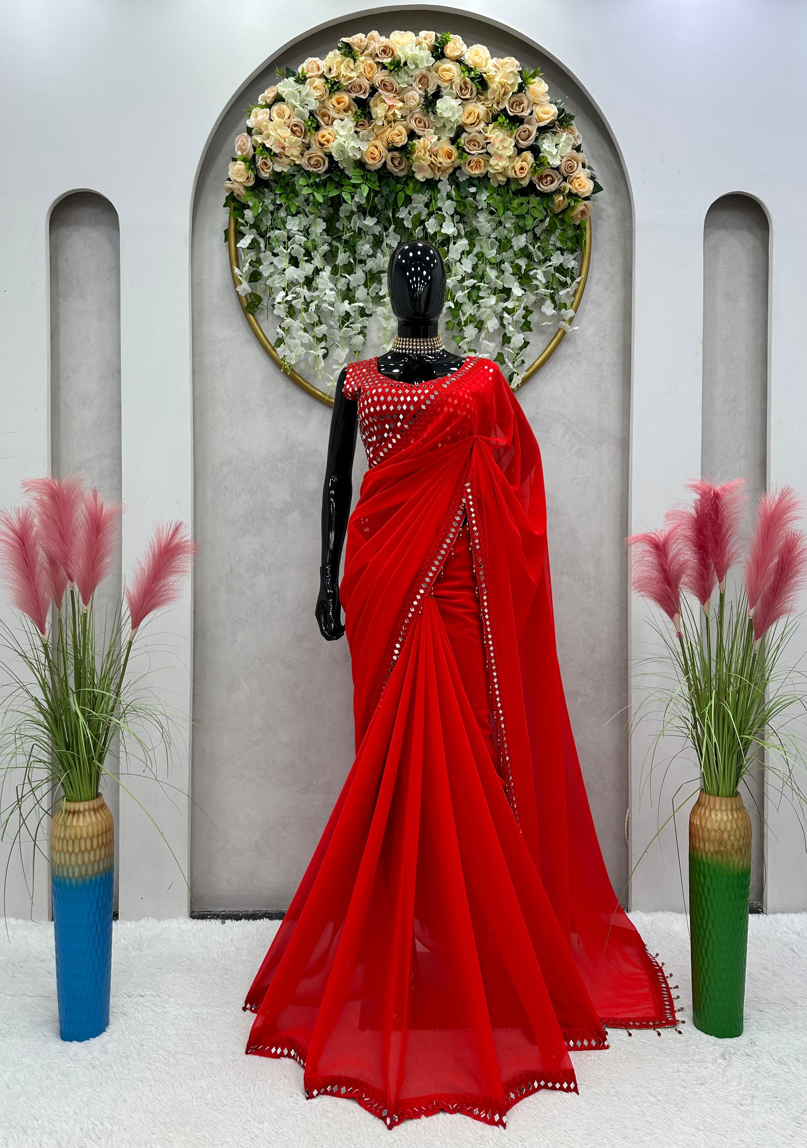 KD designer saree Red Alia Bhatt Inspired Red Saree with Mirror Work and Fancy Lace