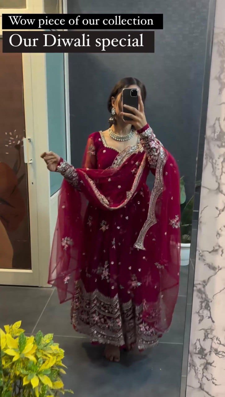LG Designer Outfit Diwali Trending Design Anarkali Special Cherry Pink Georgette Sequences Embroidered Work Anarkali Ensemble