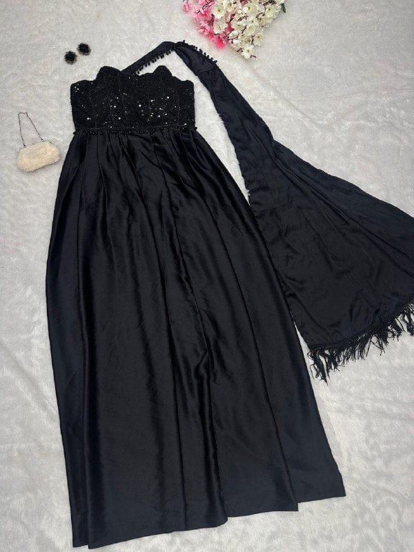 Manali Designer Gown EINAYA Collection : Designer Japan Satin Silk Gown with Attached Dupatta