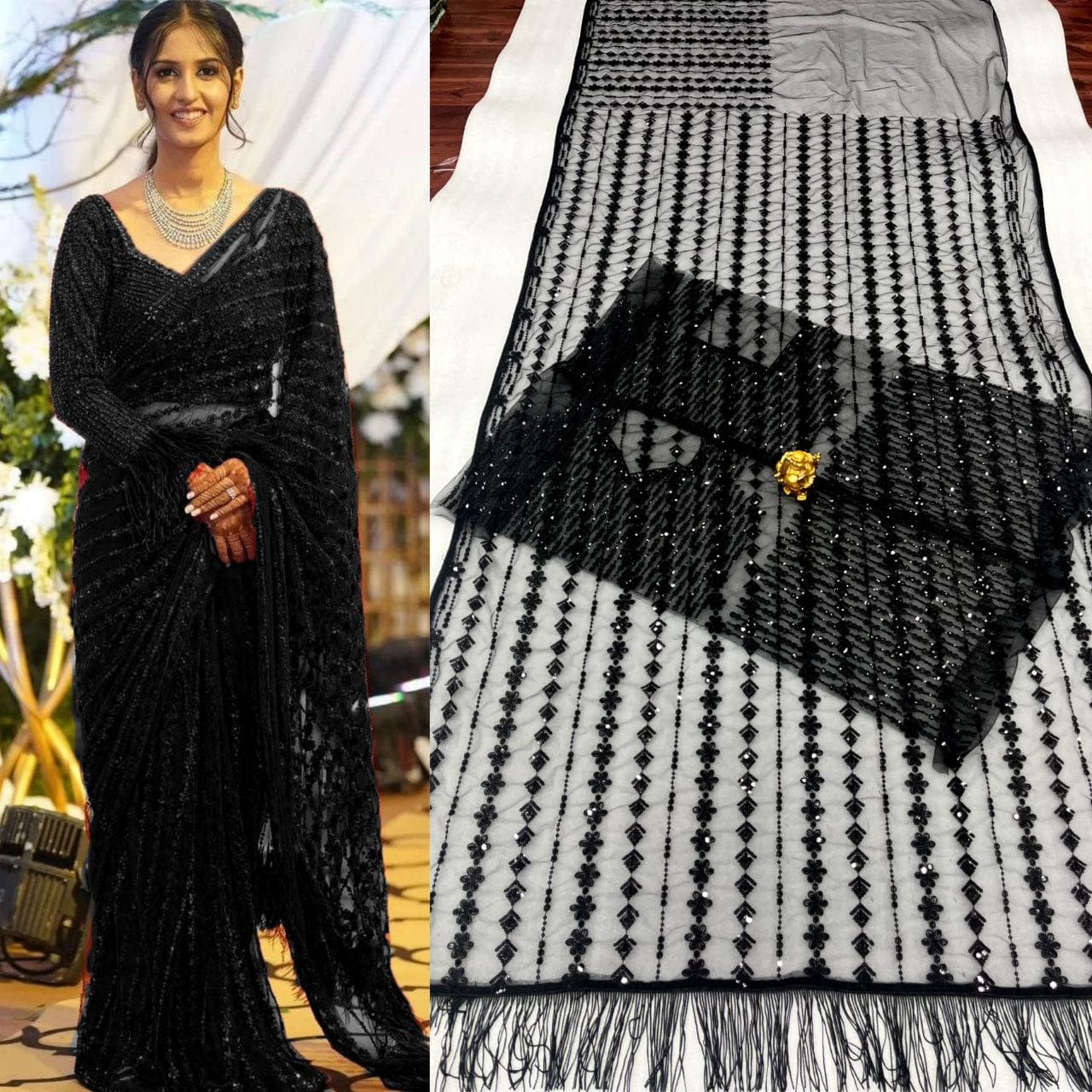 Manali designer saree Black New Bollywood Blockbuster 5MM Sequins and Multy Embroidery Net Saree with Embroidered Net Blouse