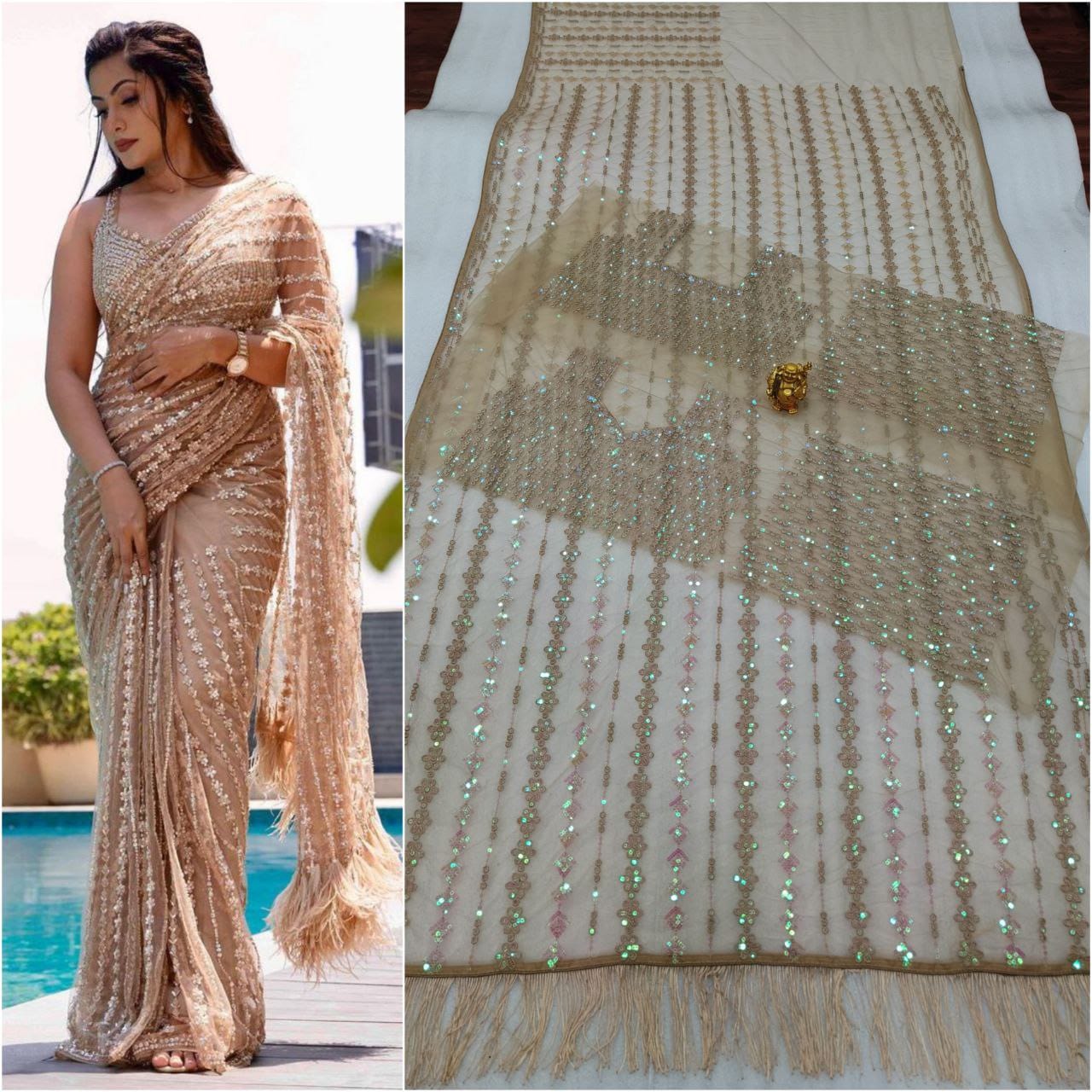 Manali designer saree Gray New Bollywood Blockbuster 5MM Sequins and Multy Embroidery Net Saree with Embroidered Net Blouse