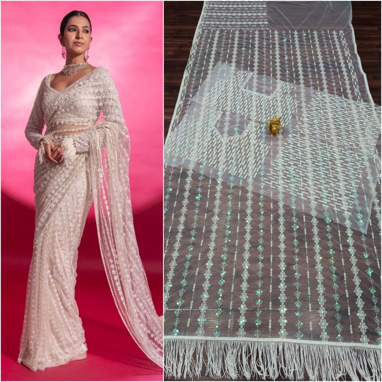 Manali designer saree Peach New Bollywood Blockbuster 5MM Sequins and Multy Embroidery Net Saree with Embroidered Net Blouse
