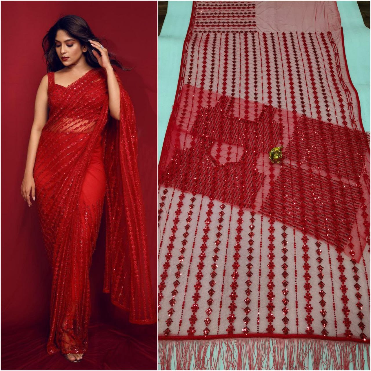 Manali designer saree Red New Bollywood Blockbuster 5MM Sequins and Multy Embroidery Net Saree with Embroidered Net Blouse