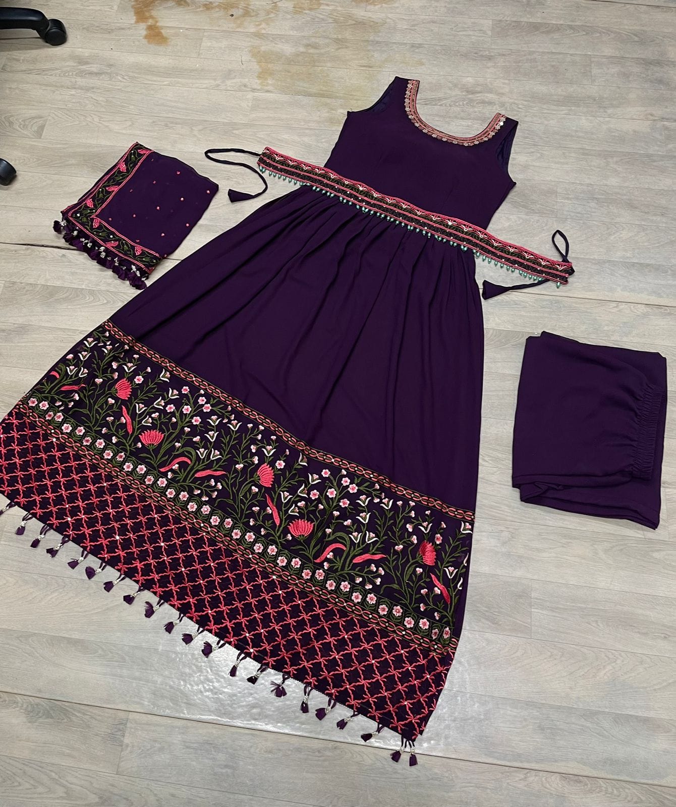 MM-195 Anarkali Dress Exquisite Designer Wine Anarkali Suit Set with Colorful Threadwork - Fully Stitched