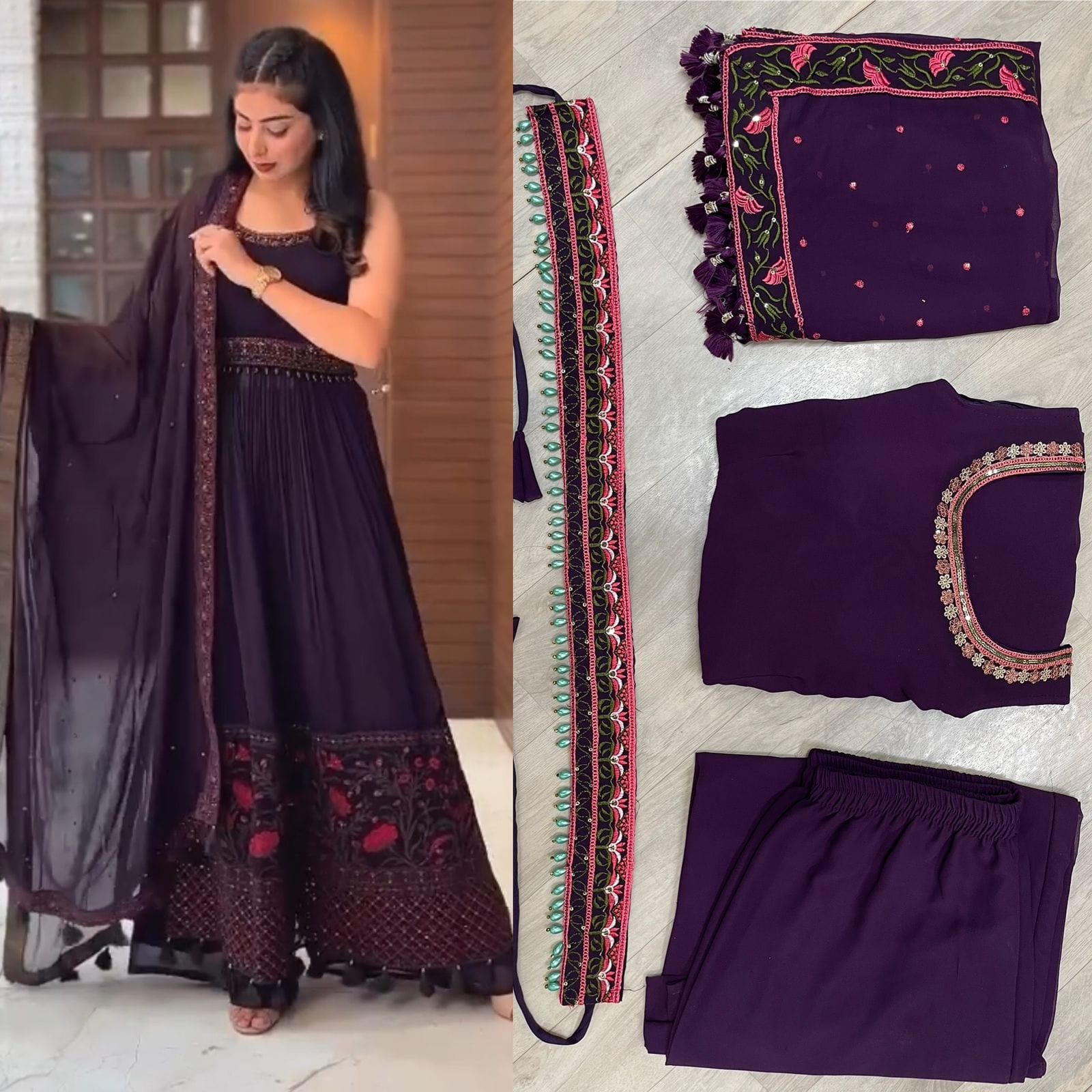 Exquisite Designer Wine Anarkali Suit Set with Colorful Threadwork