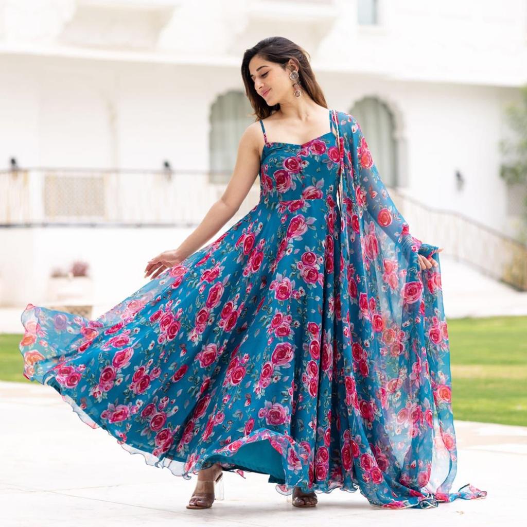 Chiffon floral print long gown with dupatta set – thesaahi