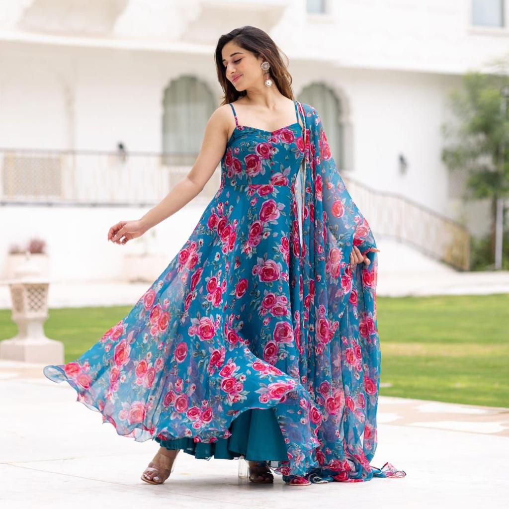 SE Apparel & Accessories FULL Stiched NEW TRENDING PRINTED LONG GOWN WITH DUPATTA