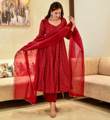Red Lakhnawi Georgette Suit Set