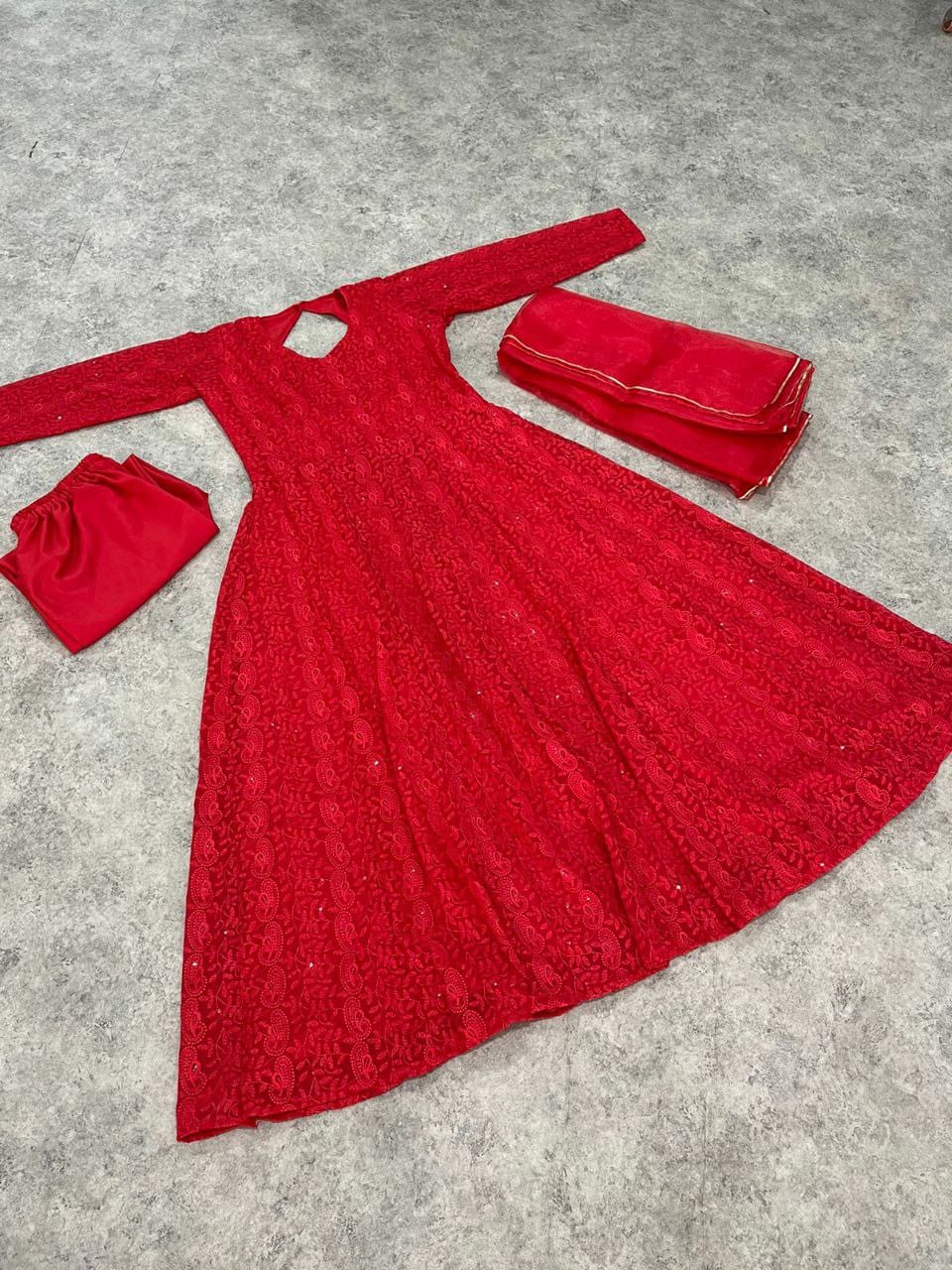 SE Clothing Free SIze Upto Xl (42) Red Lakhnawi Georgette Suit Set